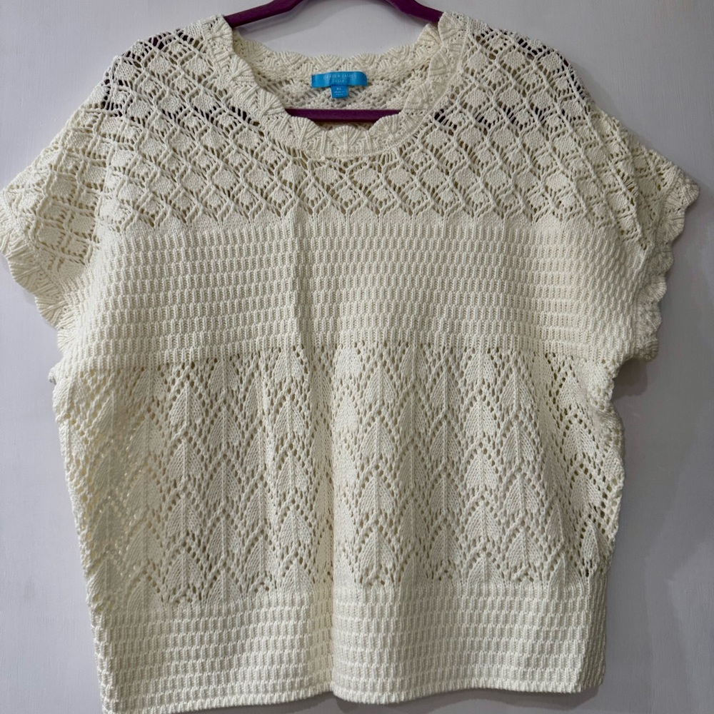 Draper James Cream Crochet Scoop Neck Short Sleeve Sweater